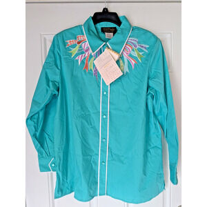 NWT BOB MACKIE WEARABLE ART Women's Aqua Embroidered L/S Shirt Sz LRG